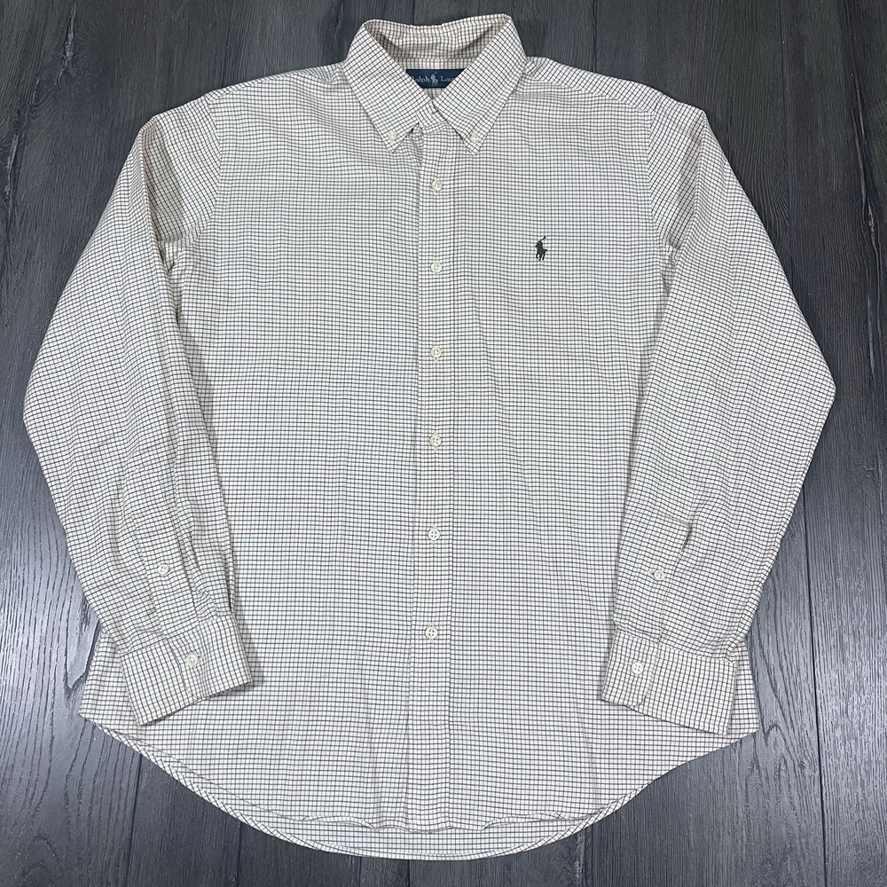 Ralph Lauren Button Down Shirt Men L/S‎ Butter Yellow M Gingham Plaid Black Pony